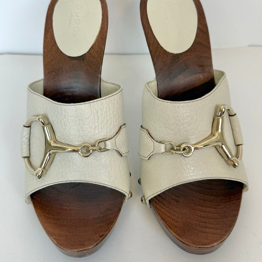 Gucci Leather Horsebit Wooden Clog Heels Sandal in Cream Off-White 7B - Picture 4 of 14